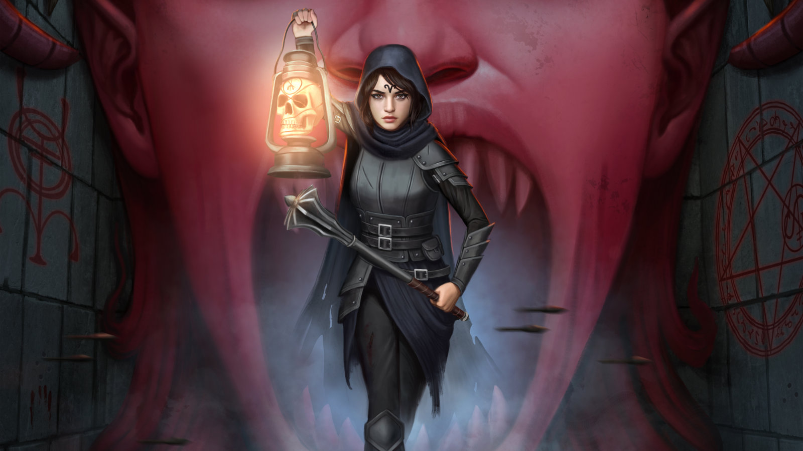 Young woman in dark armor holding a skull lantern in a bloody demon dungeon